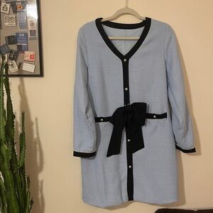 Blue Button Up Dress with Pearl Details and Bow